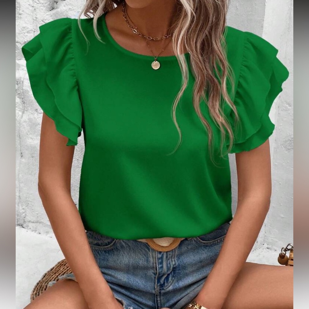 BellanBlue Green Ruffle Sleeve Blouse